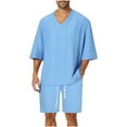 thumbnail image 3 of Ohufall Plus Size Outfits for Men 2 Pieces Set Fashion Solid Casual V-Neck Tee Shirts and Drawstring Elastic Waist Shorts Summer Beach T-shirt Short Sets, 3 of 7