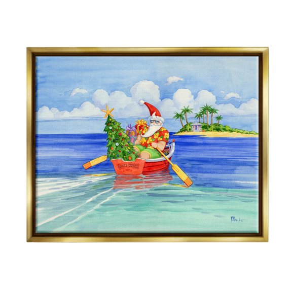 Stupell Industries Santa's Delivery Tropical Christmas Boat Painting Metallic Gold Floating Framed Canvas Print Wall Art, Design by Paul Brent