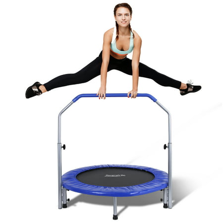SereneLife 40 Inch Portable Highly Elastic Fitness Jumping Sports Mini Trampoline with Adjustable Handrail, Padded Cushion, and Travel Bag, Adult Size