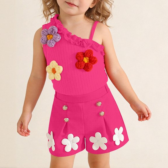 Amidoa Girls Summer 2 Piece Outfits Cute Sleeveless Tops Tops and Casual Shorts Kids Clothing Set Hot Pink Size Hot Pink Size 18