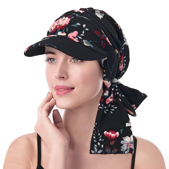 Minzimin New floral print hat, brimmed headscarf hat with tie, concealing hair cap.