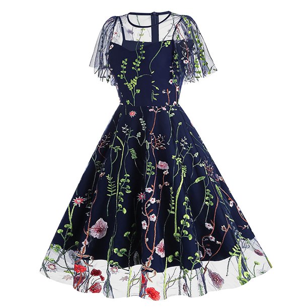 WILLBEST Vestidos de Dama, Vestido Bordado A La Moda para Mujer, Vestido de Manga Corta con Cuello Redondo y Cremallera, Vestido Informal Holgado con Empalme de Malla Extra Grande