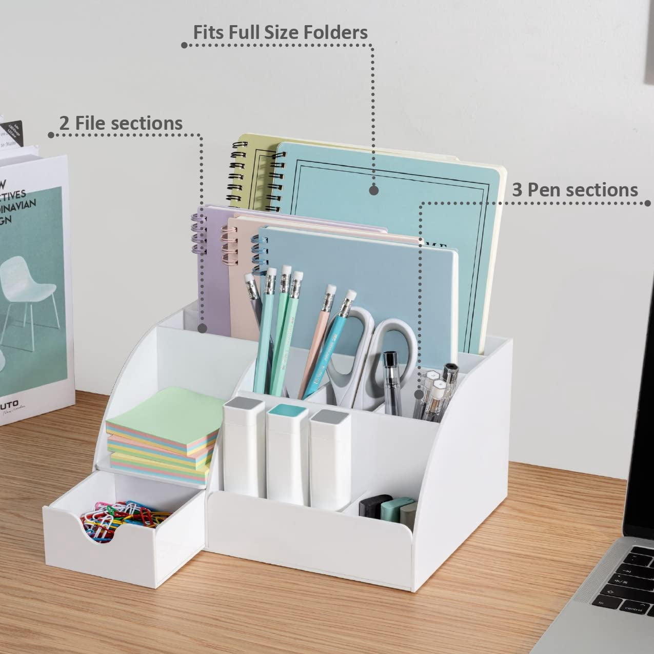 White Desktop Organizer - 9 Compartment Office Desk Accessories Pen Holder