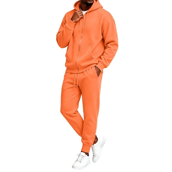 Garbnen Fleece Men's Hoodie Tracksuits 2 Pieces Full Zip Up Hoodies and Sweatpant Set Workout Athletic Fall Winter Warm Plush Mens Sweatsuit Orange