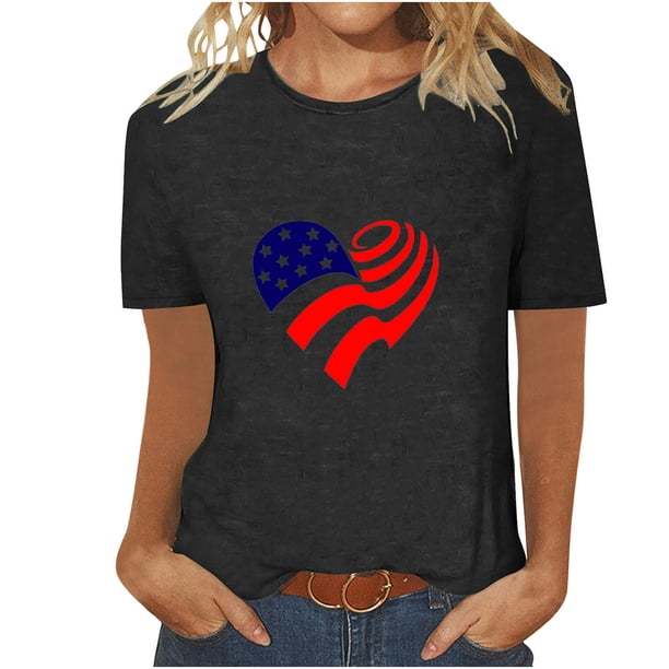 Tops Cortos para Mujeres Día de la Independencia Patriótica Impreso Cuello Redondo, Camiseta de Manga Corta Casual para la Primavera, Verano Y Fiesta