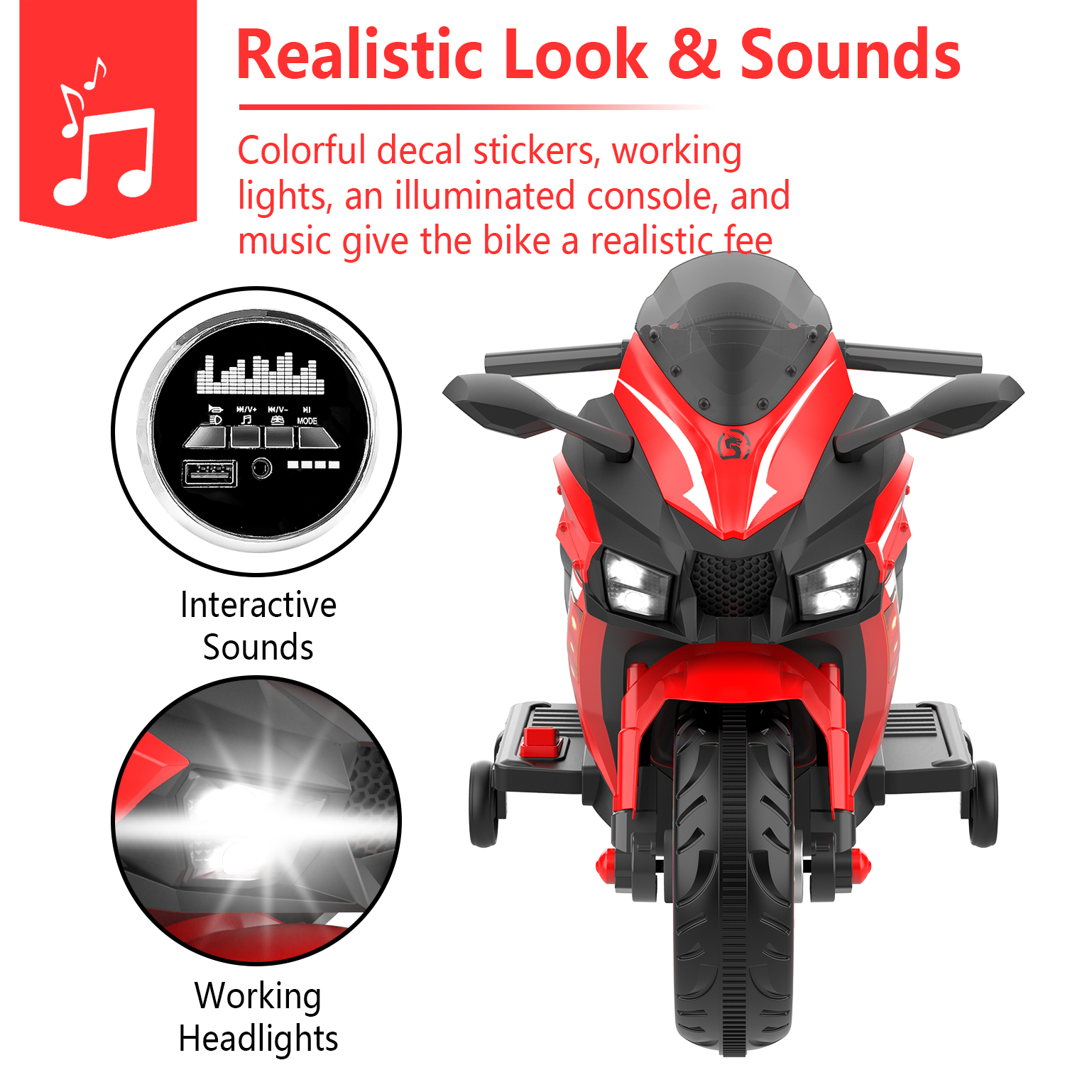 YOMYM 12V Kids Electric Motorcycle, Battery Powered Ride-On Toy with Training Wheels for Boys & Girls Ages 3-6, Bluetooth Music & LED Lights, RED