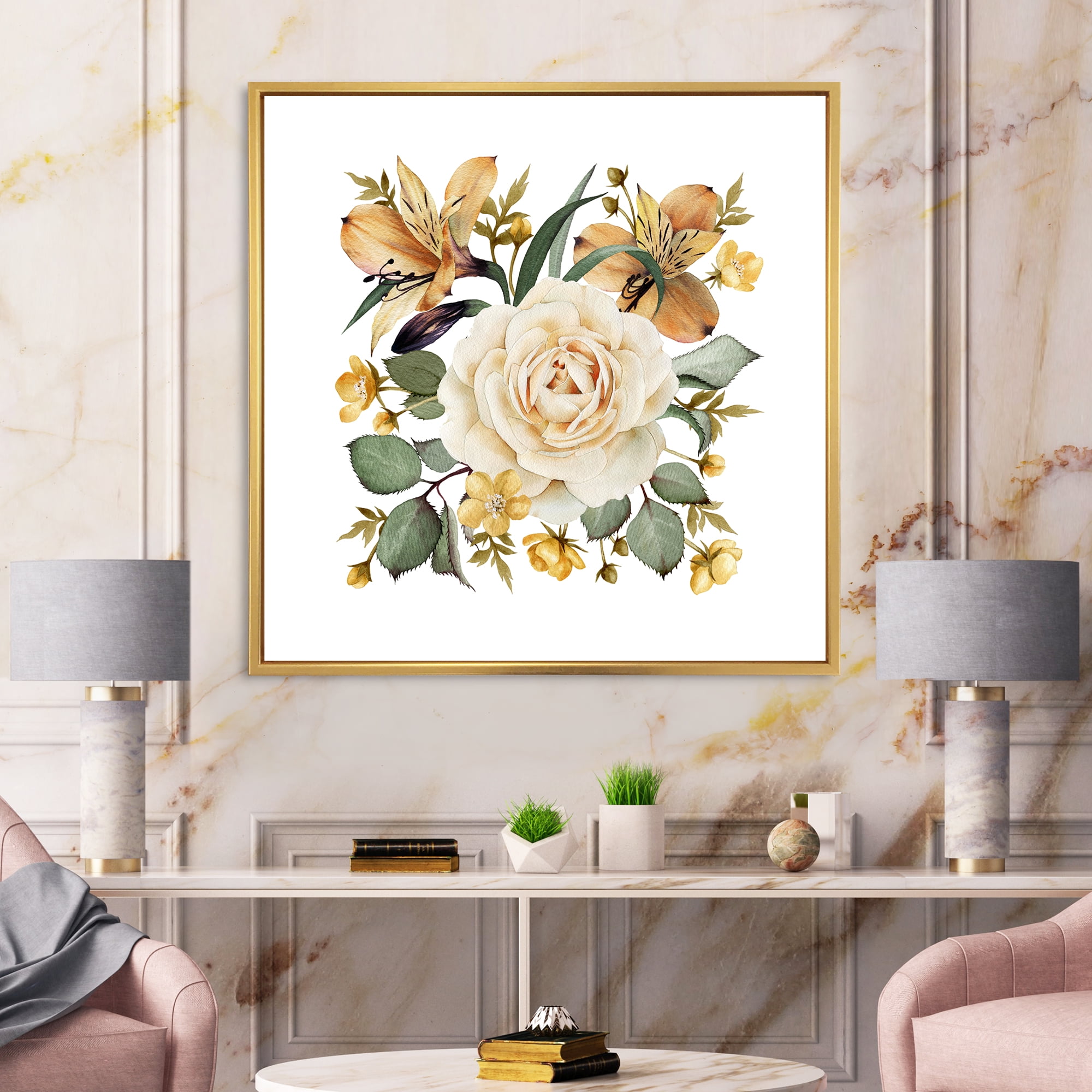 Designart 'Ancient White Rose' Traditional Framed Canvas Wall Art Print