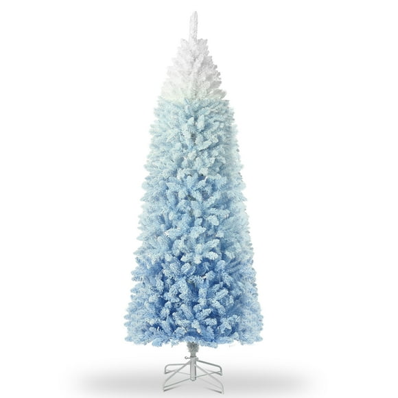 7.5ft Blue Artificial Slim Pencil Christmas Tree,Snow Flocked,Hinged Pine Full Holiday Xmas Tree for Home Office Party Decoration w/1284 Branch Snow Tips & Metal Stand