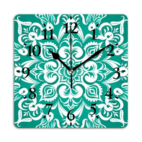 Square Wall Clock,Symmetrical Floral Mandala On Emerald Green BackgSquare,Silent Non-Ticking Wall Clock Decor for Home Office Kitchen Living Room Bedroom(10inch)