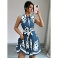 thumbnail image 5 of Women'S 2025 Summer Boho Floral Print Sleeveless Belt Flowy Button Down Midi Sun Dress Blue S, 5 of 9