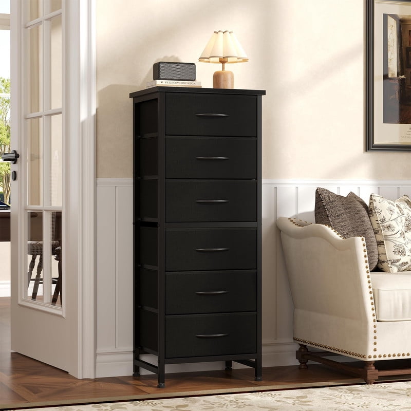 Kelno 6 Drawer Fabric Dresser Steel Frame Storage Chest Organizer with Wood Top, Black