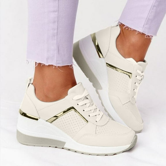 XIAQUJ Women's Summer Lace-up Round Toe Breathable Platform Casual Sneakers Women's Fashion Sneakers White 9.5-10(42)