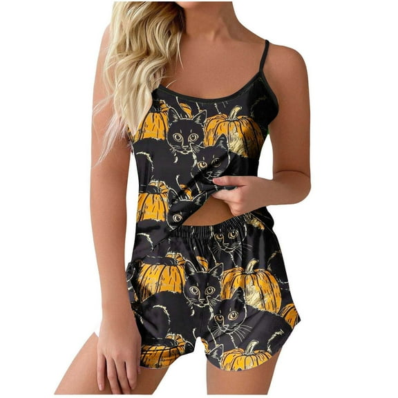 Tnhcen Elegance Halloween Pajama Set Women’s 2-Piece Pumpkin Print Sleeveless Tank Shorts Cute Season Homewear S-2XL