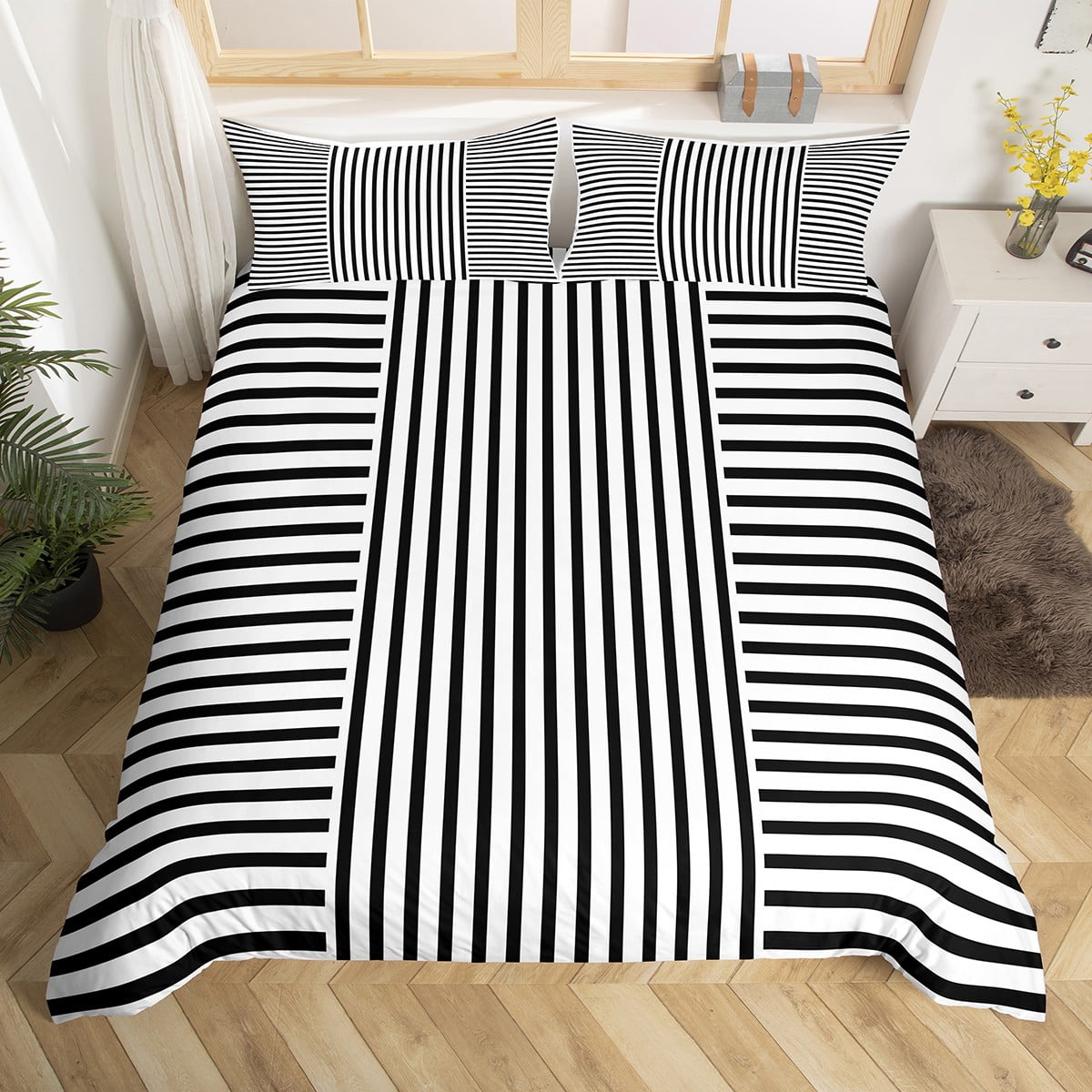 Black and White Striped Duvet Cover Geometry Bedding Set for Kids Child Teens Girls Lattice Buffalo Check Comforter Cover Geometric Stripes Twin Bed