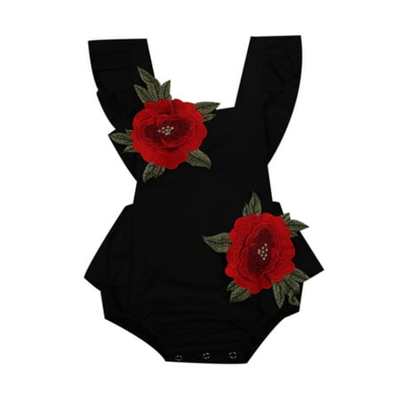 

Sunisery Newborn Baby Girls Romper Sleeveless Wide Shoulder Strap Lotus Leaf Style Flower Print Jumpsuit Black 12-18 Months