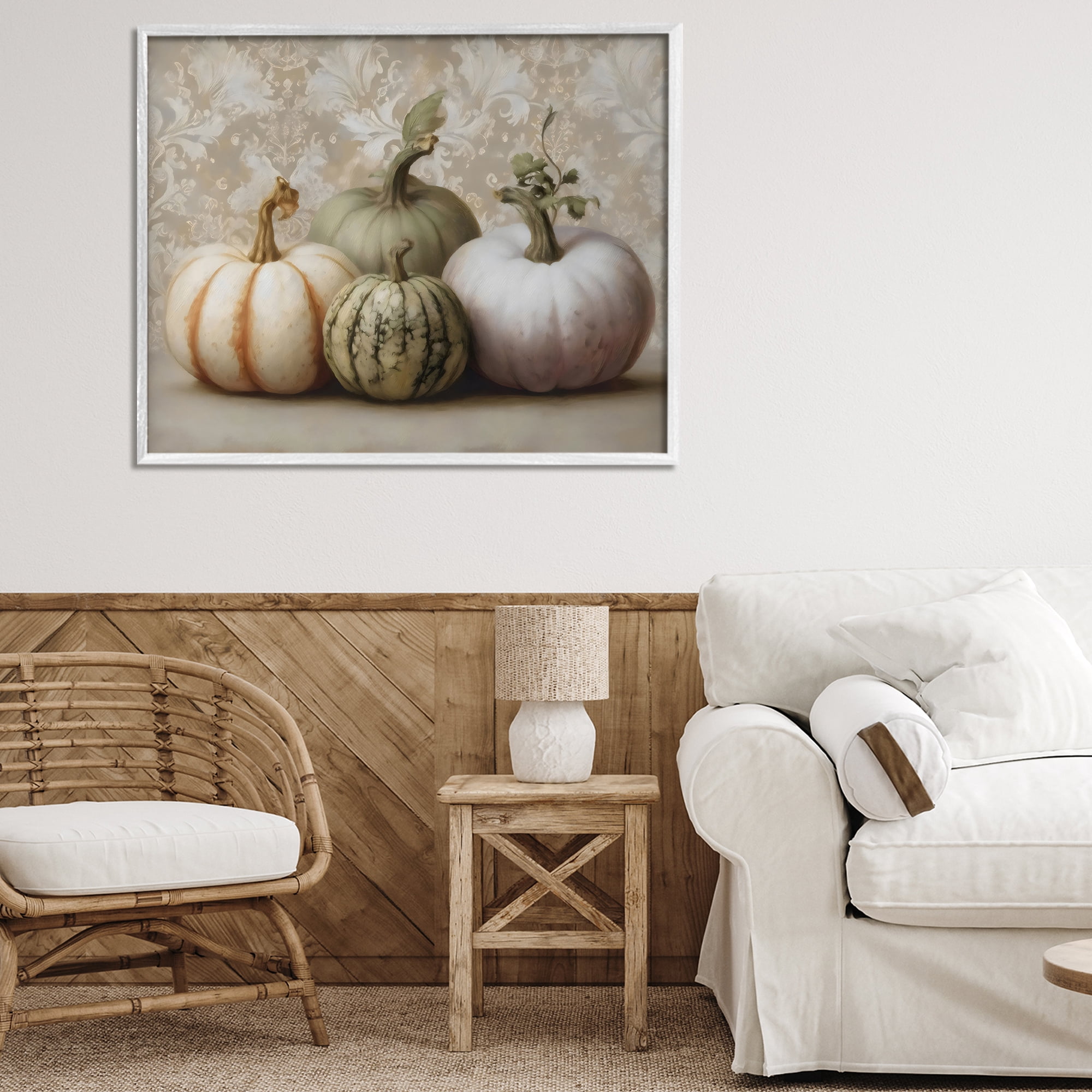 Stupell Industries Pastel Gourds on Vintage Pattern White Framed Giclee Art, design by Arlington Prints