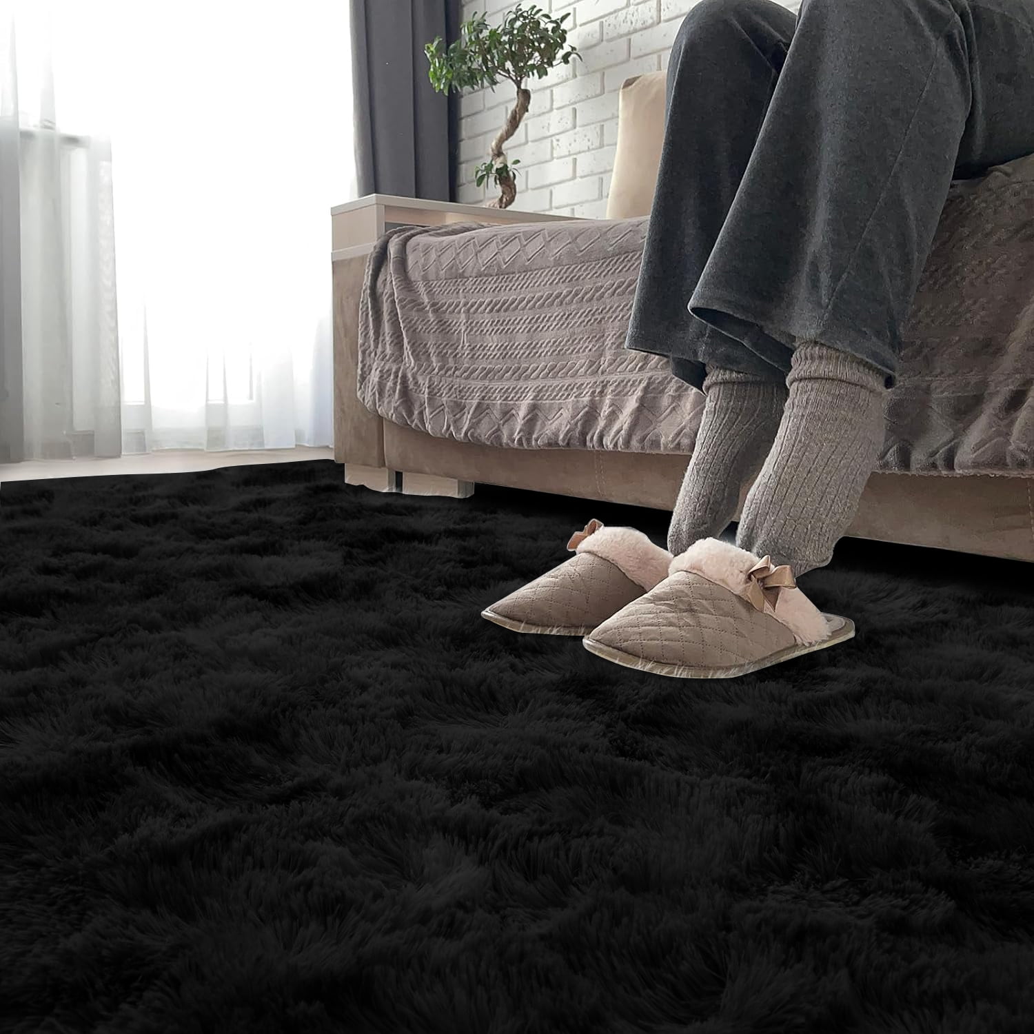 Debonair Super Soft Shaggy Rugs Fluffy Carpets 4x5.3 Feet Indoor Modern Plush Area Rugs for Living Room Bedroom Home Decor Upgrade Anti-Skid Rectangular Fuzzy Rug, Black