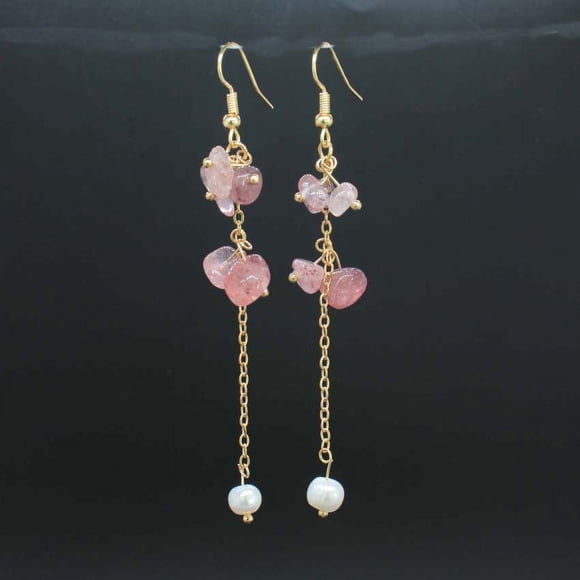 Namzi suitable for both men and women, natural crushed stone crystal pearl tassel earrings, long crushed stone earrings (pink)
