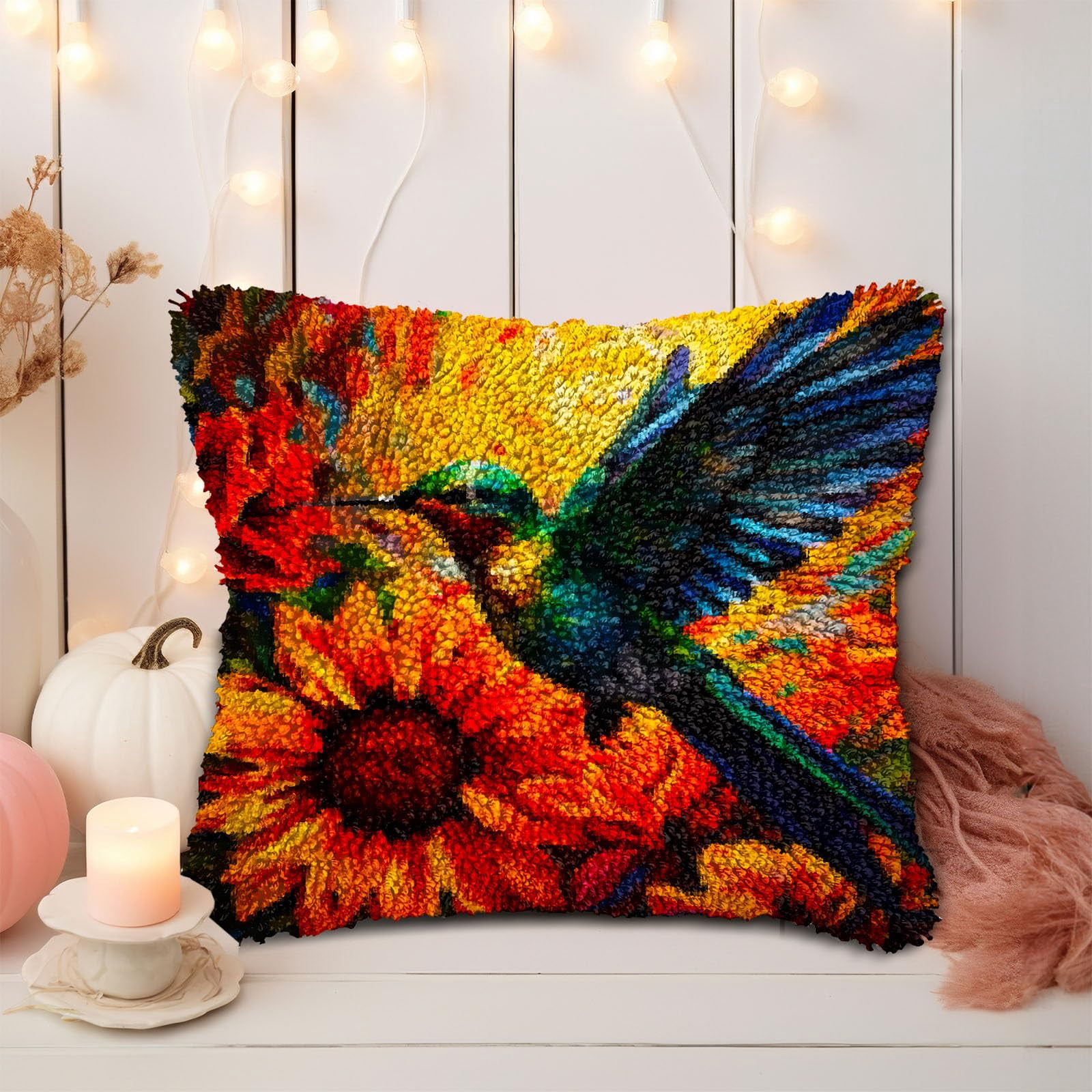 Hummingbird Sunset Sunflowers DIY Latch Hook Pillow Kits for Adults Printed Pillowcase Crochet Yarns Hooking Handmade Pillow Cover Cushion for Home Sofa Decoration 17x17inch(1)