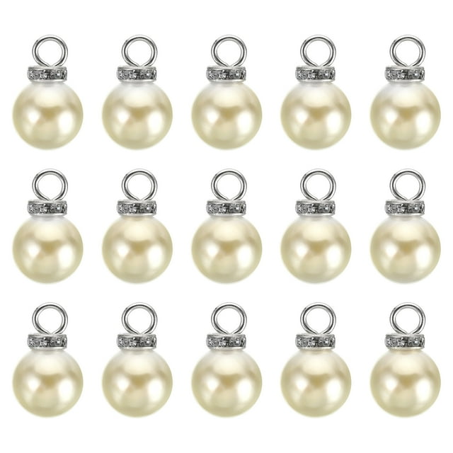 Unique Bargains Pendentifs Perles Factices 14 mm, Lot de 100 Perles Rondes Imitation Perle avec Strass, Beige Argenté