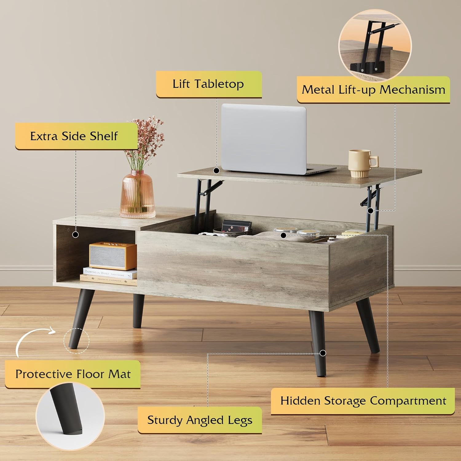 GALAXHERO Lift Top Coffee Table with Storage Small Living Room Table with Storage Shelf & Hidden Compartment Greige