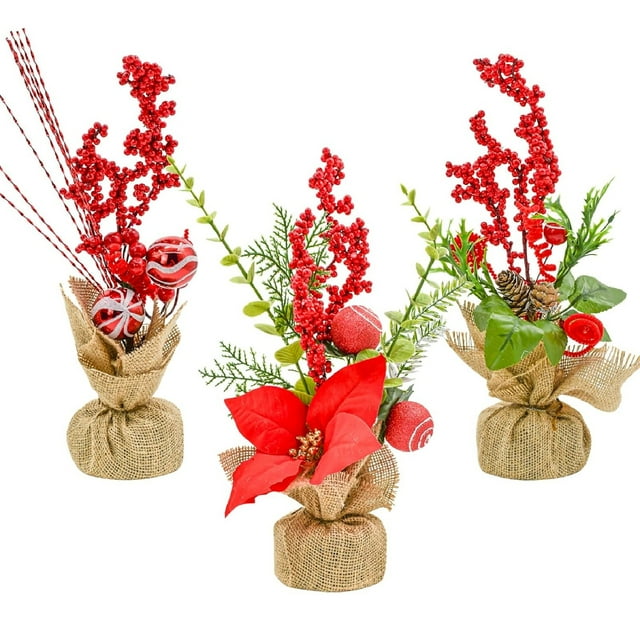 Yhmxh Décorations de Table Mini Sapin de Noël, Petits Arbres Artificiels de 11,8 Pouces avec Baies Rouges, Pomme de Pin, Centre de Table, Ornements de Table Sapin de Noël pour Maison, Bureau, Pièce, Décorations des Fêtes