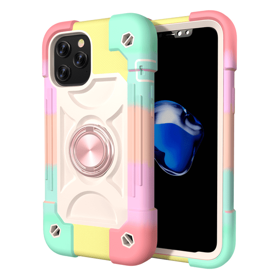 (2021) iPhone 13 Pro Case 6.1 Inch - TECH CIRCLE Heavy Duty Protection Shockproof Kickstand Case Silicone/Plastic Protective Rugged Cute Simple Cover with Ring Holder (K Rosegold Colorful)