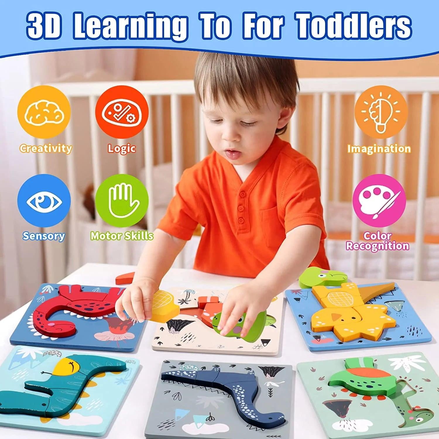 6 Pcs Colorful Dinosaur Shape Wooden Animal Jigsaw Puzzles Baby Educational Toys for Toddler Boys and Girls