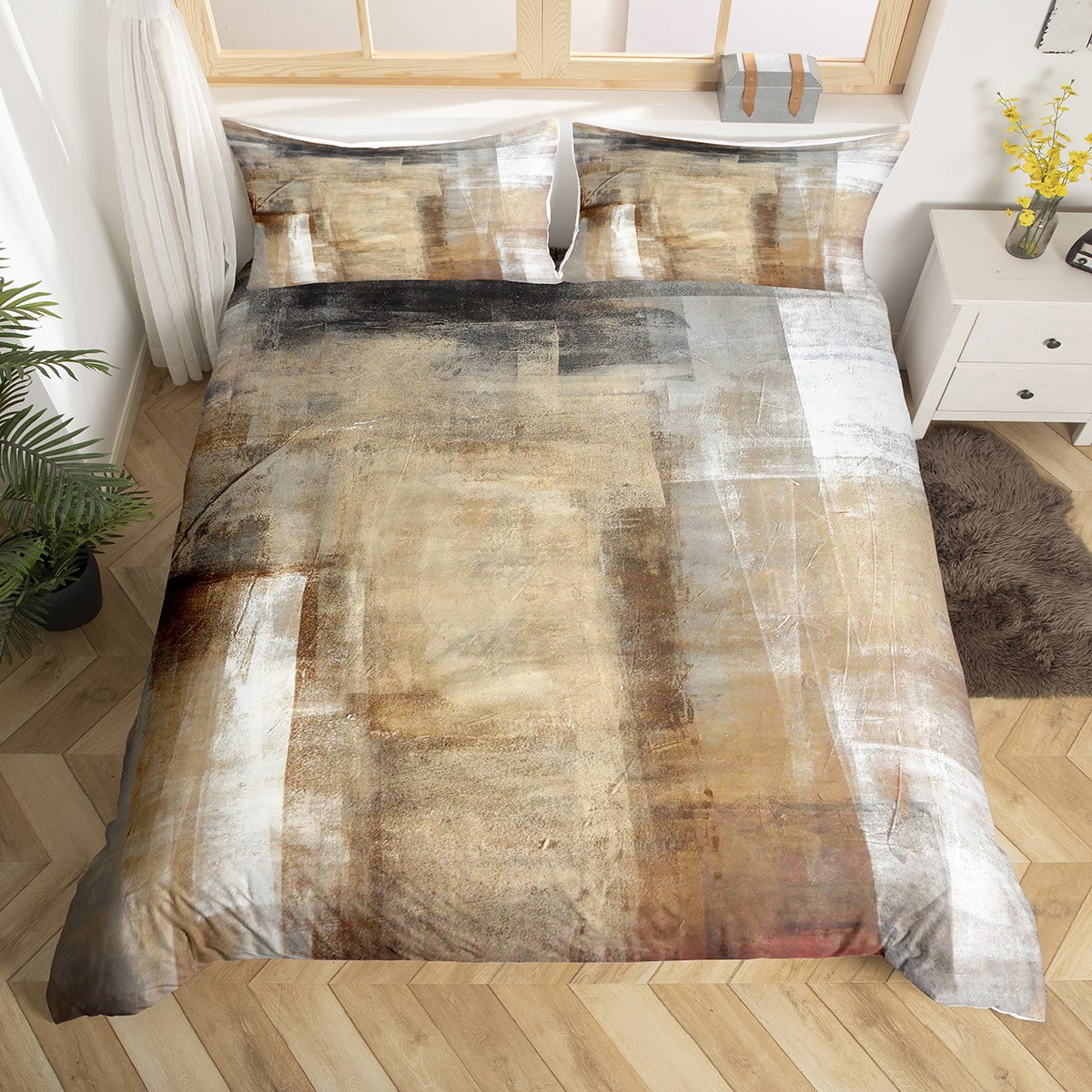 YST Brown Abstract Duvet Cover Queen Gray Ombre Bedding Set, Grey