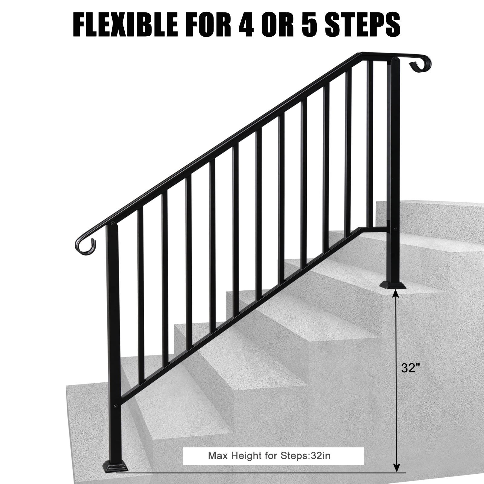 Zimtown 4-5 Step Galvanized Iron Picket Handrail for Outdoor Gardens and Steps with Installation Kit, Matte Black