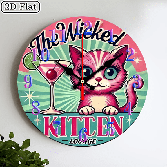 2D flat wooden wall clock, evil cat wall clock, silent clock, living room bedroom, room decoration, office decoration, Christmas, New Year, Valentine's Day decoration 10 * 10 inches