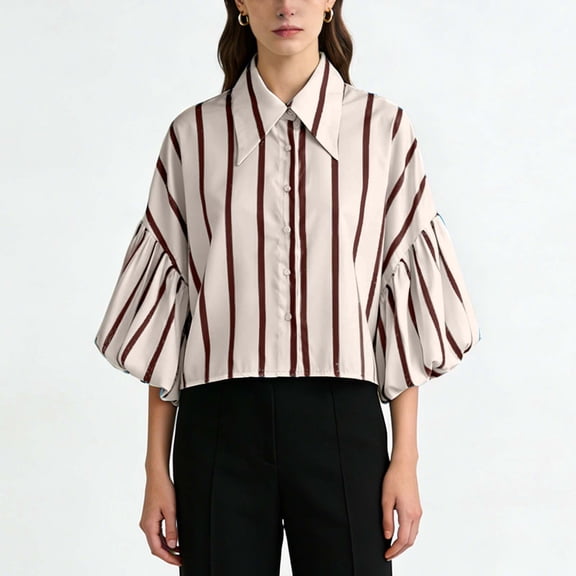 Echfiprom Womens Coffee Shirts Collared Summer Loose Casual Striped Button down Bell Sleeve T Shirts for Ladies