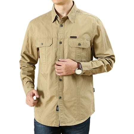 

Star Home Men Shirt Solid Color Single-breasted Multi-pockets Wear-resistant Men Top for Daily Wear