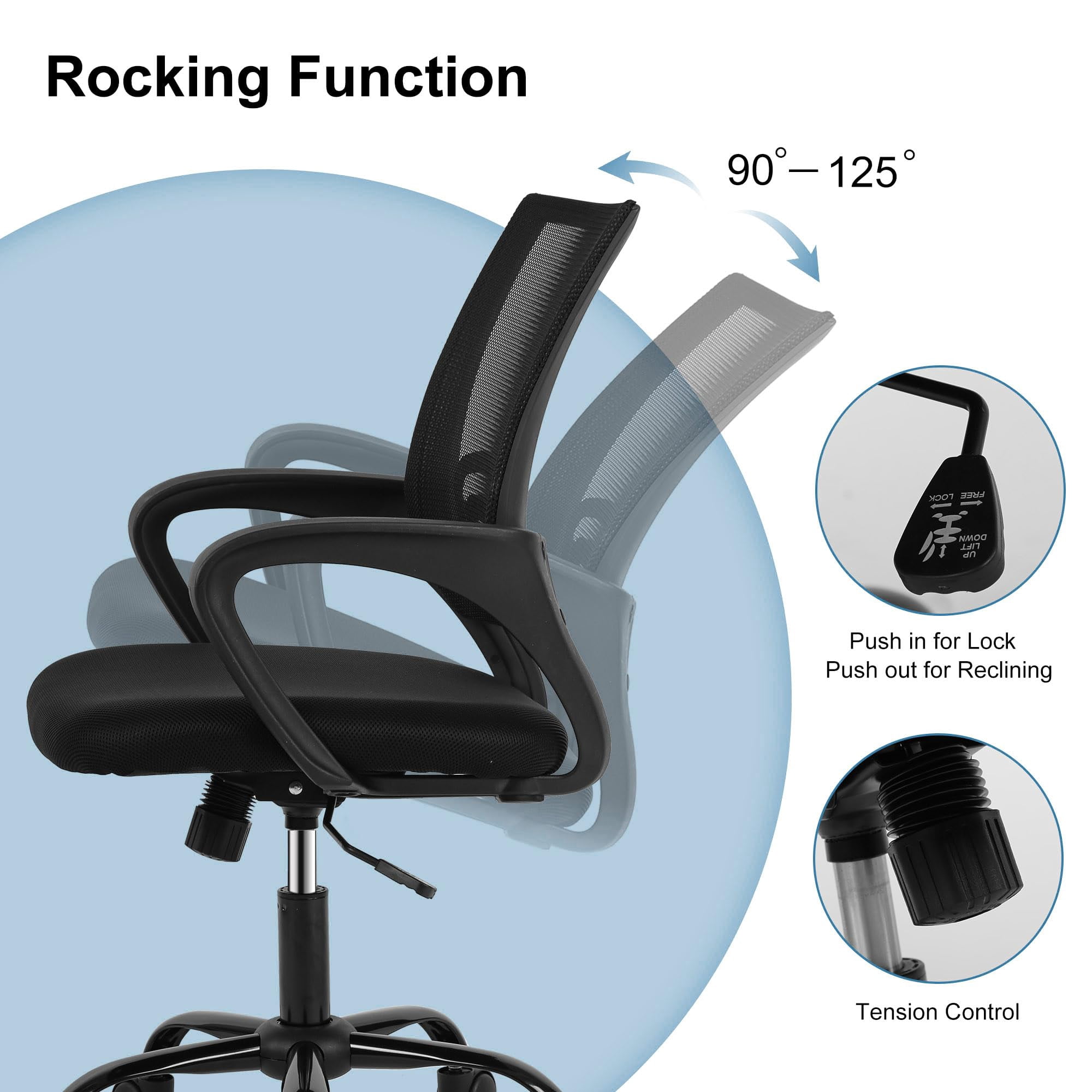 CL.HPAHKL Ergonomic Desk Chair, Mid-Back Mesh Office Chair with Wheels, Rolling Swivel Computer Task Chair for Home Office, Fixed Armrests, Tilt & Height Adjustable, Black