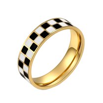 PAURO Women 8MM Stainless Steel Checkerboard Rings Black White Chessboard Couple Statement Band Gold Plated Black White Size 7