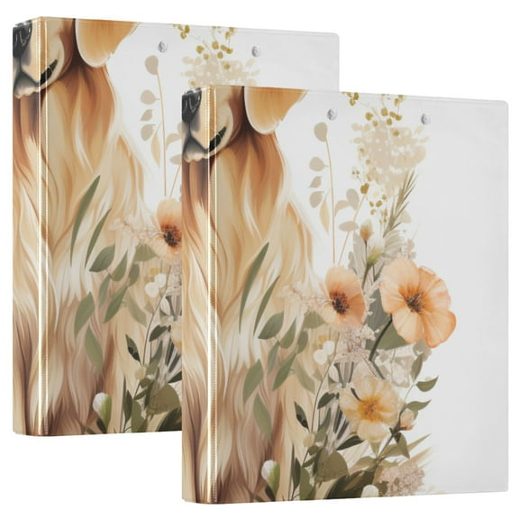 Dog Flowers Leaves Golden Retriever 3 Ring Binders 1.5 inch Hardcover File Folders with Interior Pockets A4 Size Organizer for School Office Hospital Set of 2