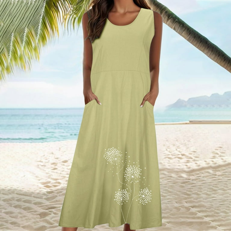 Chgbmok Womens Sleeveless Maxi Dress Plus Size Flowy Summer Dresses Print Bohemian Dress for Beach with Pockets