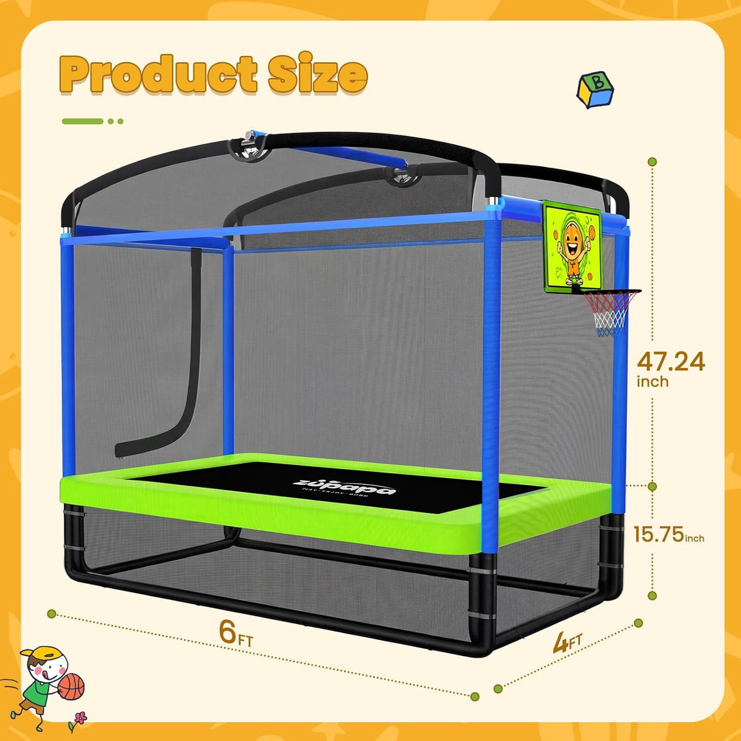 Zupapa 5 in 1 Rectangle Kids Trampoline 6FT with Basketball Hoop, and Safety Net Square Trampoline for Toddlers Ages 3-6, 220LBS Capacity