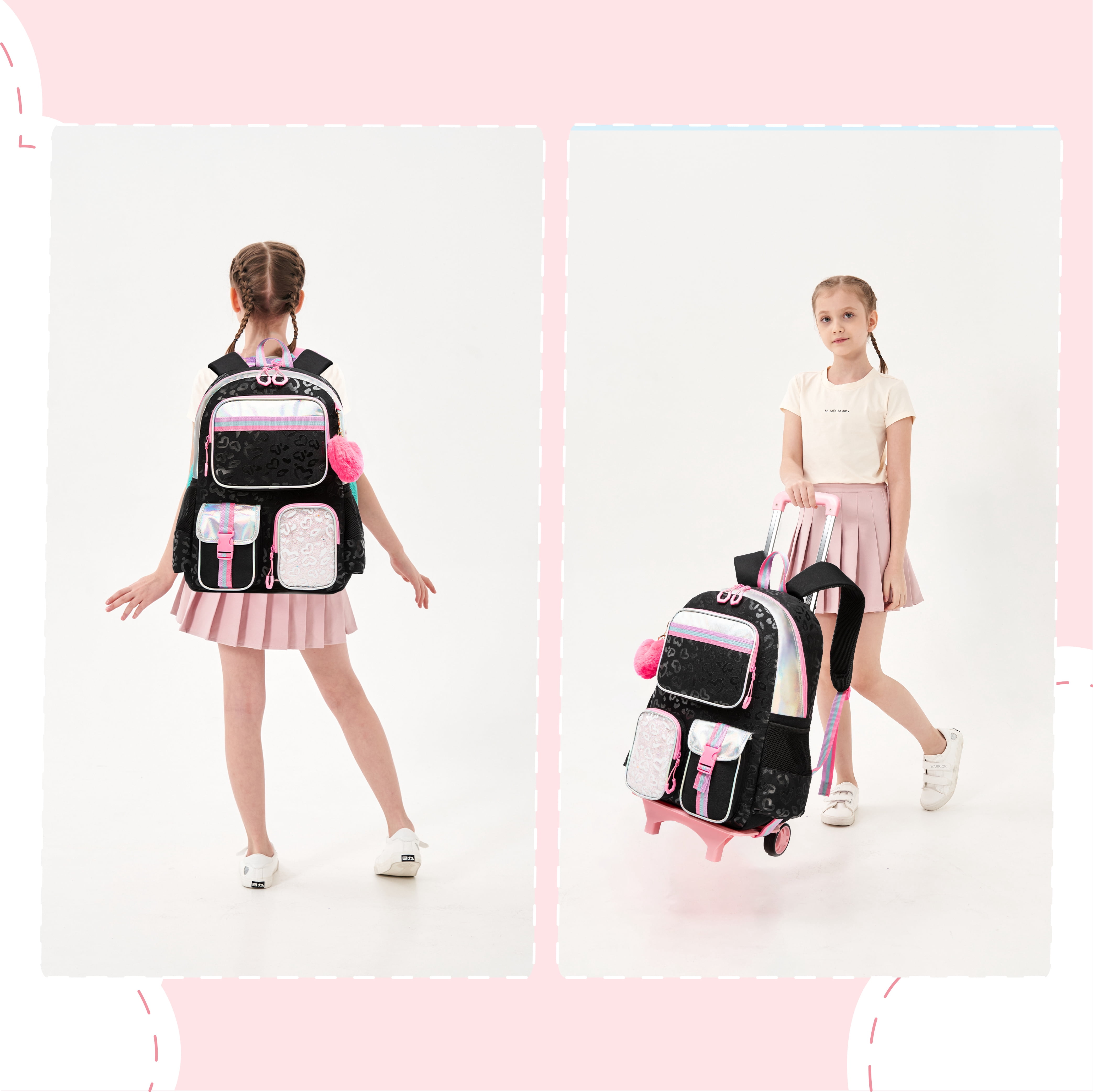 Kids Rolling Backpacks for Girls with Wheels School Bookbag with Lunch Box Pencil Case for Elementary School Students Teen Ages 8-10