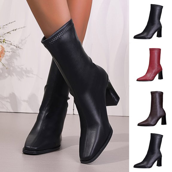Mid Calf Boots Women Square Toe Chunky Heel Dress Shoes For Women Winter Warm Boots with Side Zipper Indoor Outdoor Daily Wear