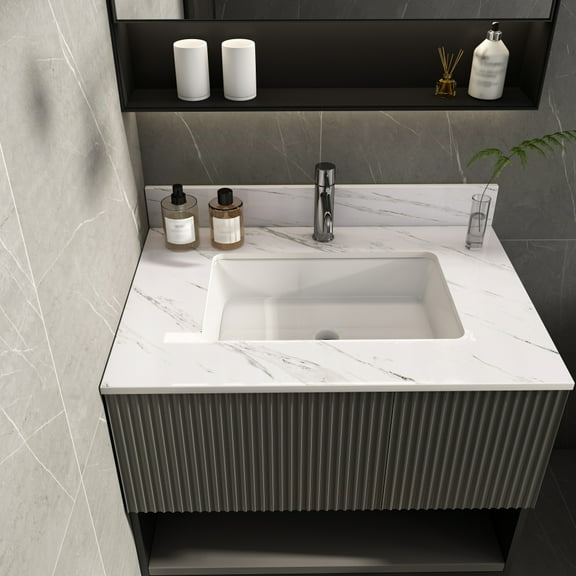 31" Marble Vanity Top with 1 Pre-drilled Faucet Holes, Bathroom Vanity Top with Undermount Rectangular Middle Sink & 4" Height Backsplash, White