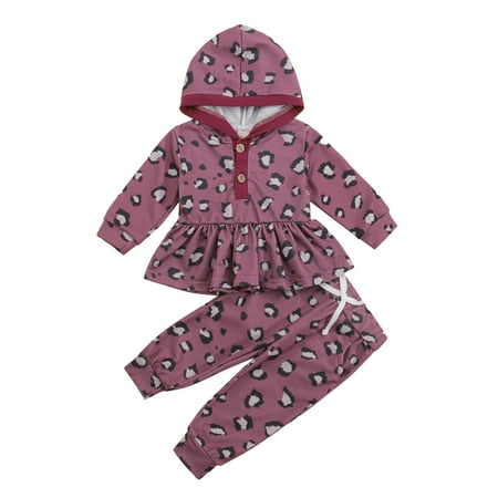 

Canrulo Toddler Baby Girl 2Pcs Outfits Leopard Print Long Sleeve Button Front Ruffle Hoodie + Pants Set Purple 3T