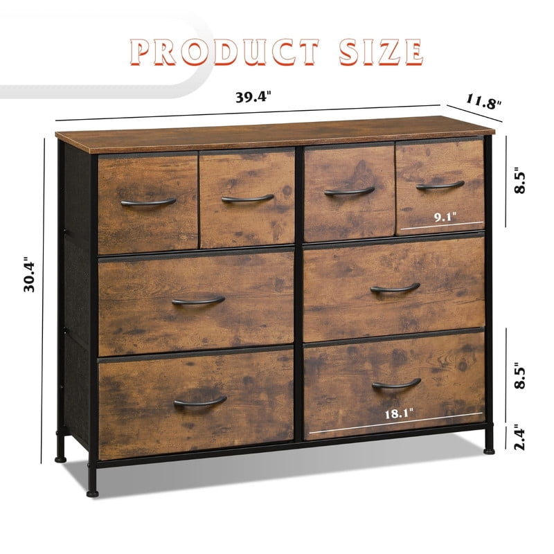 Kelno 8 Drawers Fabric Cabinet Metal Frame Wide Wood Top Storage Tower TV Stand Clothes Organizer for Bedroom Living Room,Rust Brown