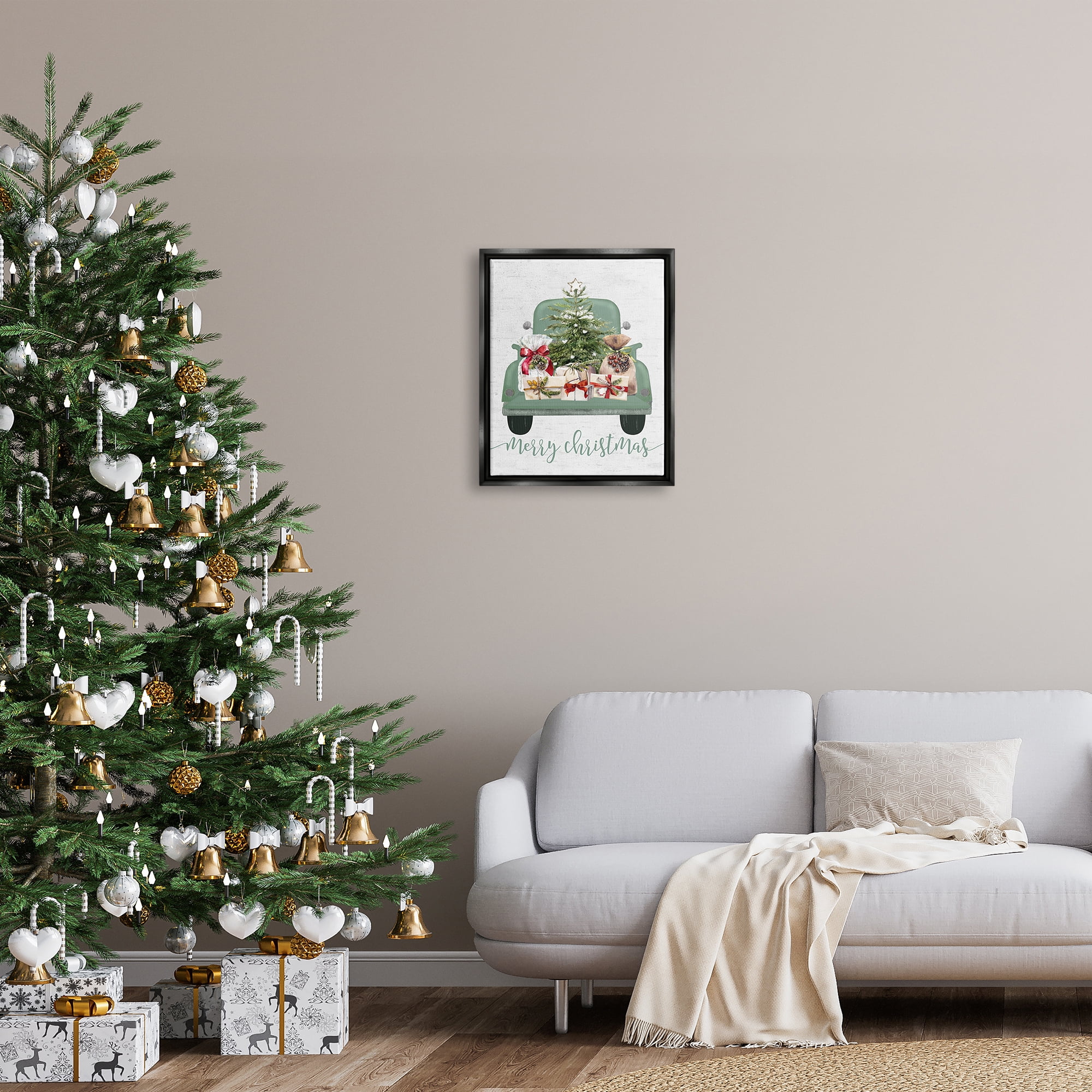 Stupell Industries Merry Christmas Truck Holiday Painting Black Floater Framed Canvas Art Print Wall Art, 17 x 21