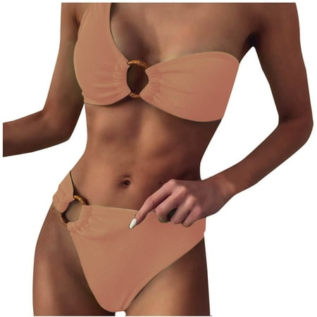 ZQGJB Women s Ribbed Bikini Sets One Shoulder Top with Mid Waist Two Piece O-Ring Tie Thong Bathing Suit(Rose Gold M)