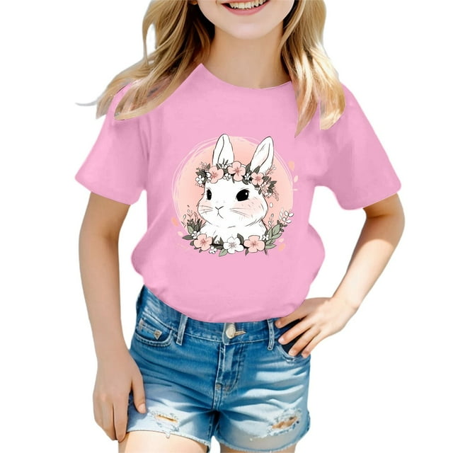 PMVFHDE Hauts Courts pour Fille Mignons Hauts d'Été pour Filles T-Shirts pour Filles Robe T-Shirt Graphique pour Fille T-Shirt Décontracté à Manches Courtes et Col Rond Imprimé de Pâques Mignon pour Fille Rose, 2-3 Ans