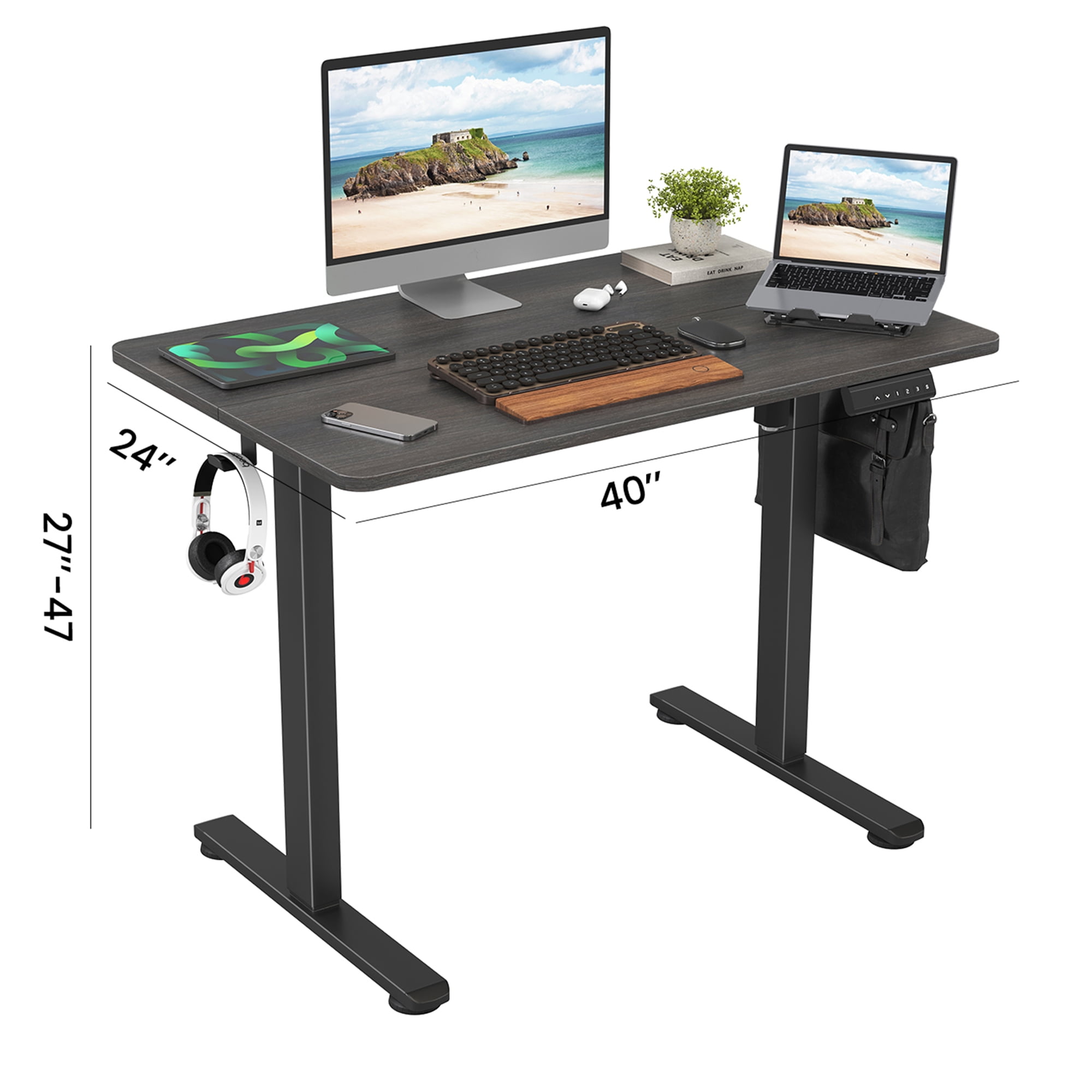 MAYEERTY 40×24" Electric Height-Adjustable Desk, Sit Stand Desk with Side Hooks for Home & Office, Gray