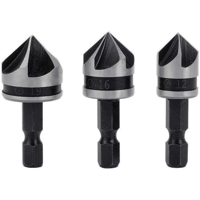 Juego de 3 brocas avellanadoras con biselado de 90 grados, vástago hexagonal de 1/4 de pulgada, 5 ranuras, 12 mm, 16 mm y 19 mm