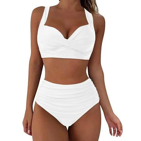 gdxvjhbj Women s Bikini Swimsuits Women Two Piece Vintage Swimsuit Retro Halter Ruched High Waist Bikini with Bottom (White L)