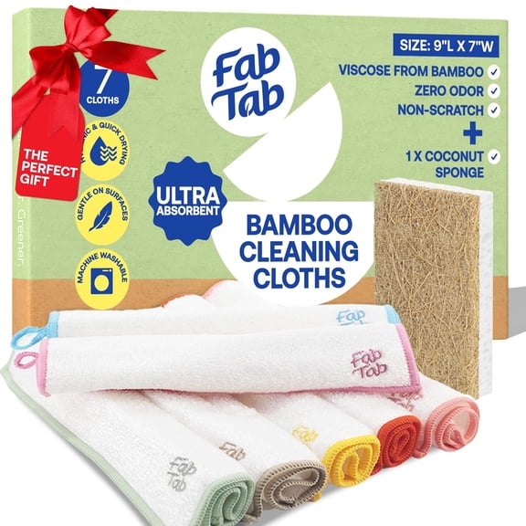FabTab Bamboo Cleaning Cloths with Coconut Sponge, Reusable Dish Cloths & Kitchen Towels, Color-Coded, 7-Pack